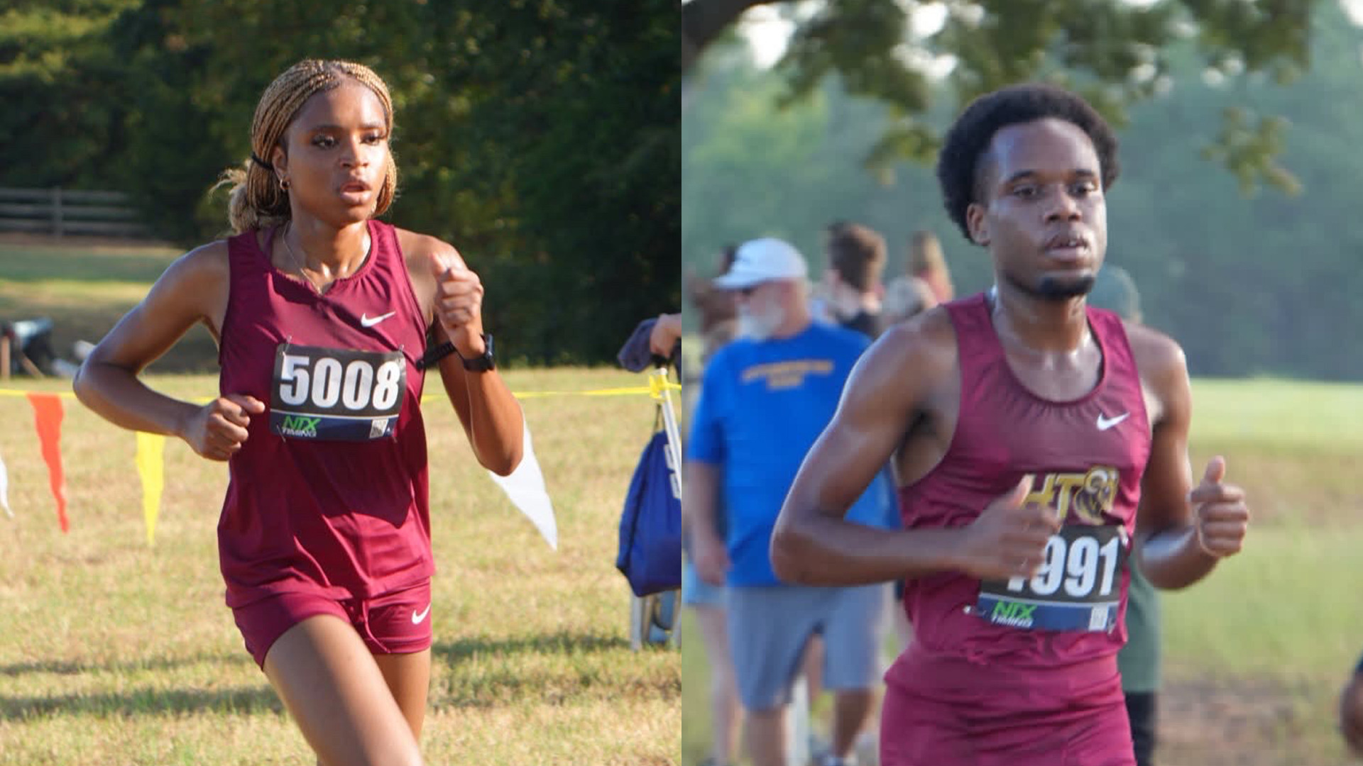 A split picture of HT women's cross country runner Denae Chris-Anderson (left) and men's cross country runner Don Kasigwa (right) competing in a race earlier this season