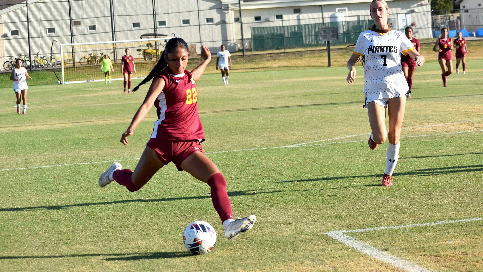 HT women's soccer player Emily Guerrero fires a shot toward Southwestern's goal in a match in Georgetown, Texas (Sept. 1, 2026)