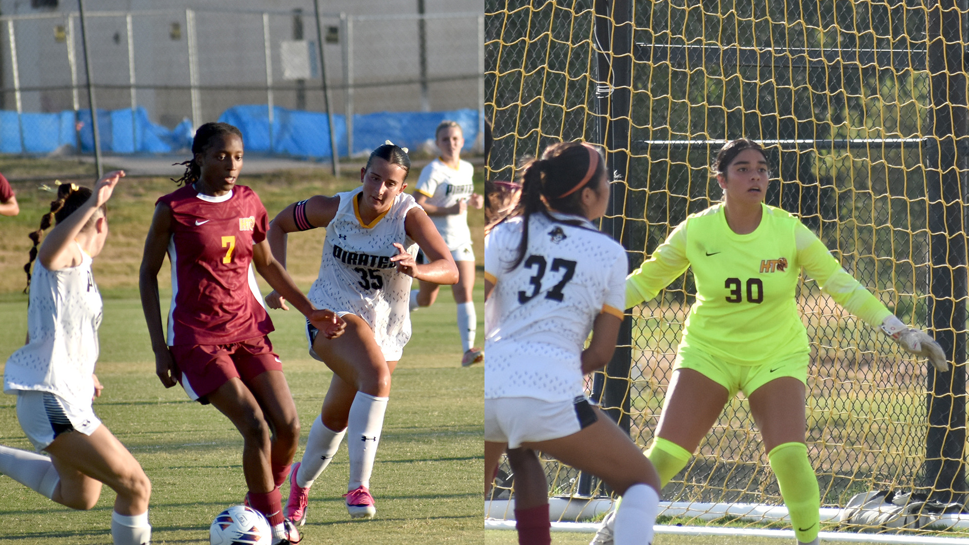 (Left picture): HT women's soccer player Mariyah McCrae (7) dribbles through defenders. (Right picture): HT women's soccer goalkeeper (30) is in position as she watches the ball for a shot on goal