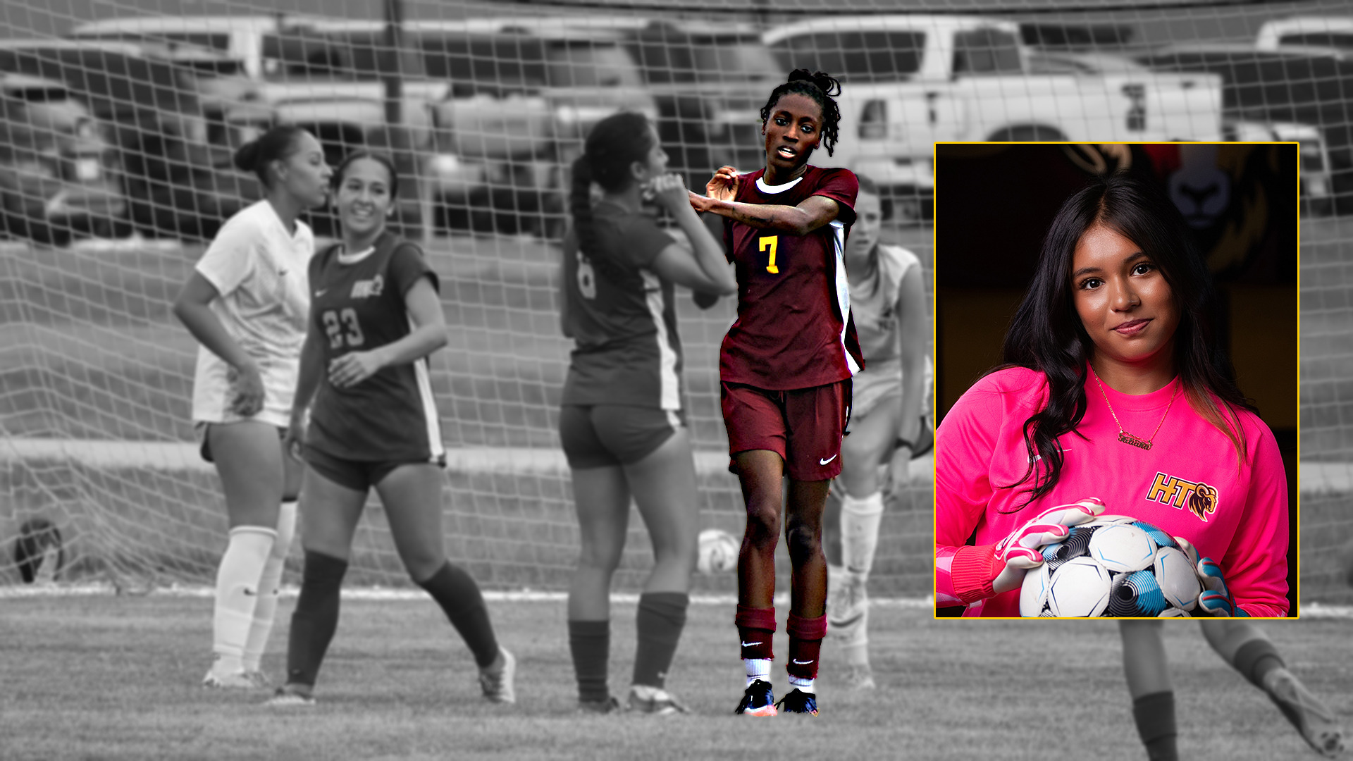 HT women's soccer player is Mariyah McCrae is congratulated by teammates in a black-and-white photo, while McCrae is highlighted with original colors. A inset portrait of Tatiana Castillo is on the right