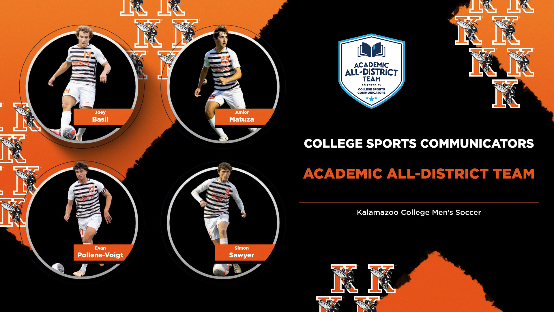 2025-26 Kalamazoo College Men's Soccer Academic All-District Honorees Joey Basil, Junior Matuza, Evan Pollens-Voigt and Simon Sawyer