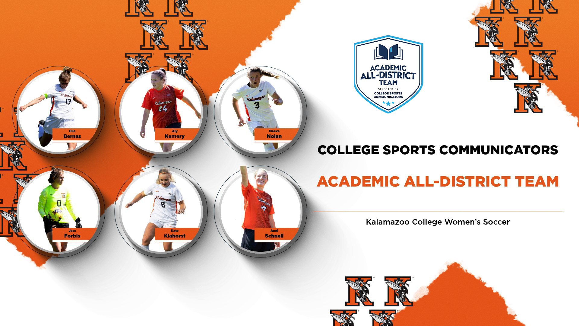 2025-26 Kalamazoo College Women's Soccer Academic All-District Honorees Elle Bernas, Jess Forbis, Aly Kemery, Kate Klahorst, Maeve Nolan and Anni Schnell