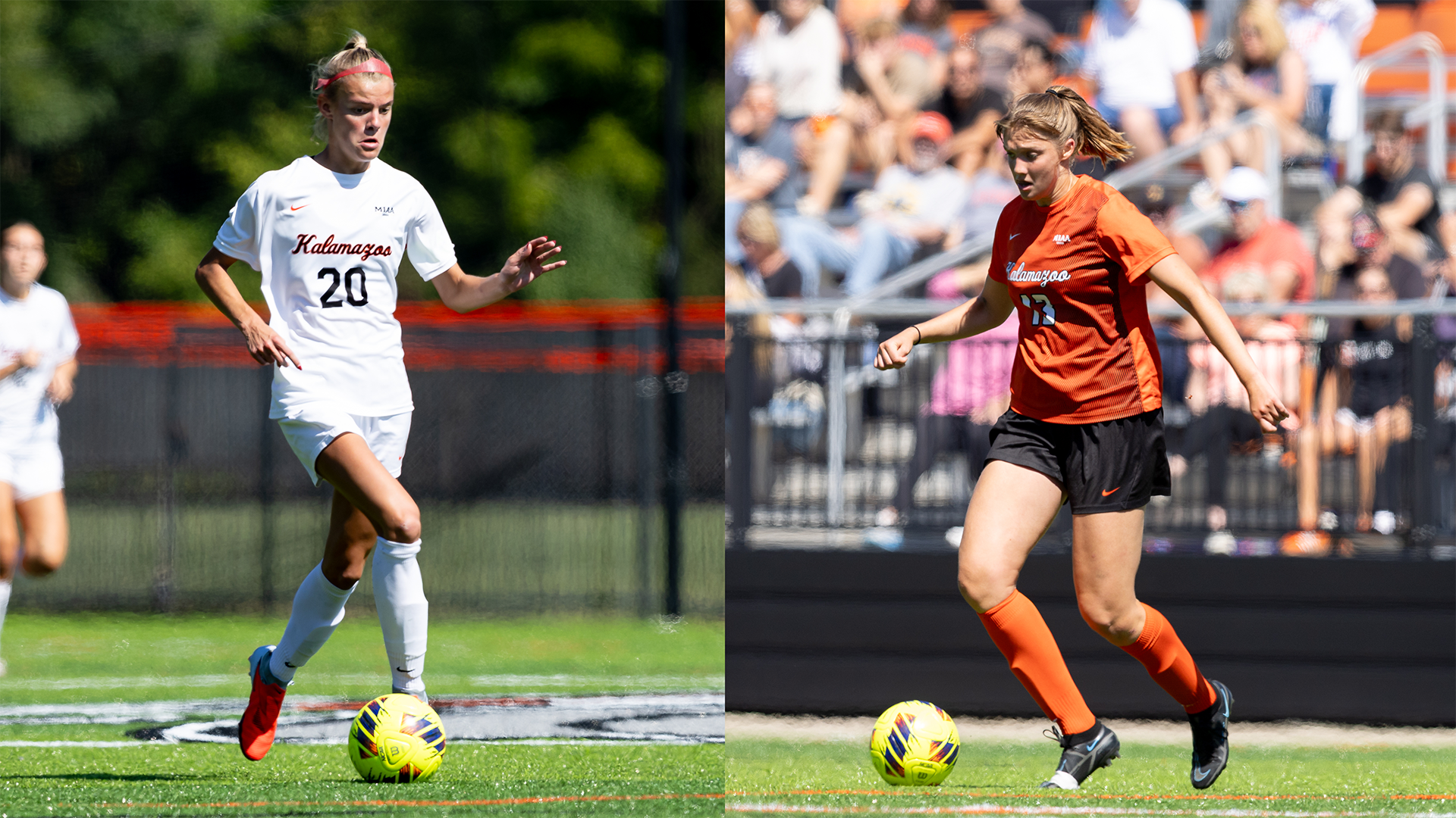 Ruby Hogan (left) and Elle Bernas (right) playing soccer
