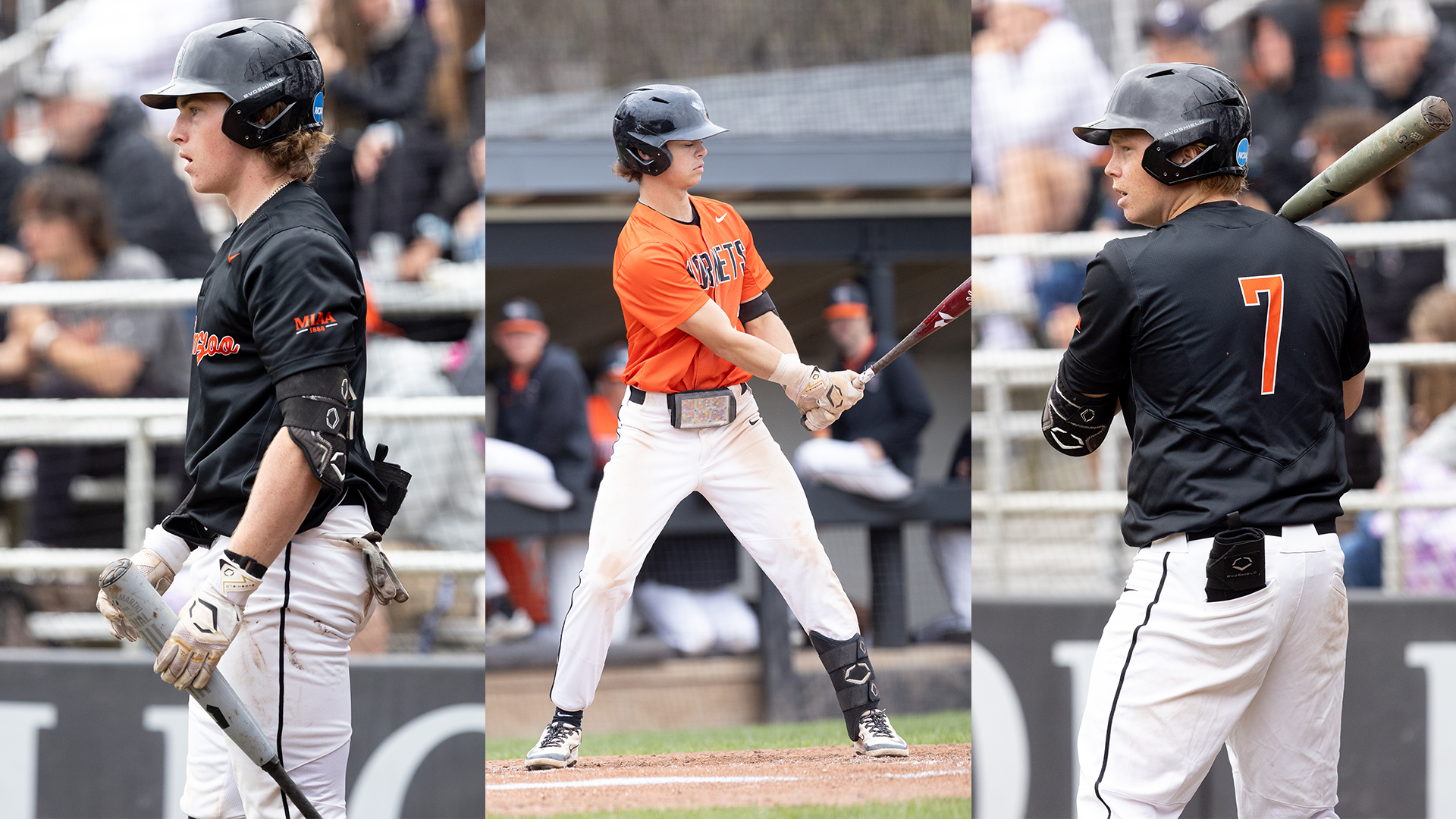 Action photos of Caleb Moore, Cooper Mills, Ryar Rinehart playing baseball