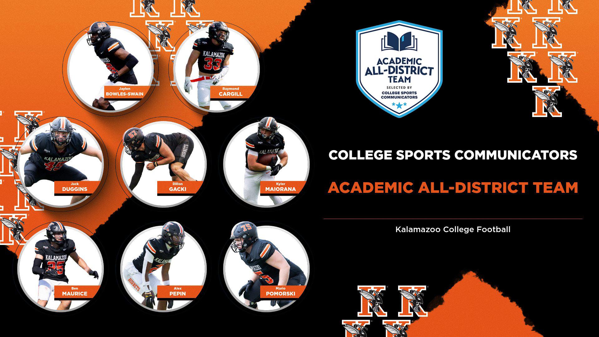 Kalamazoo College Football Academic All-District 2025 Honorees Jaylen Bowles-Swain, Raymond Cargill, Jack Duggins, Dillon Gacki, Kyler Maiorana, Ben Maurice, Alex Pepin and Mario Pomorski