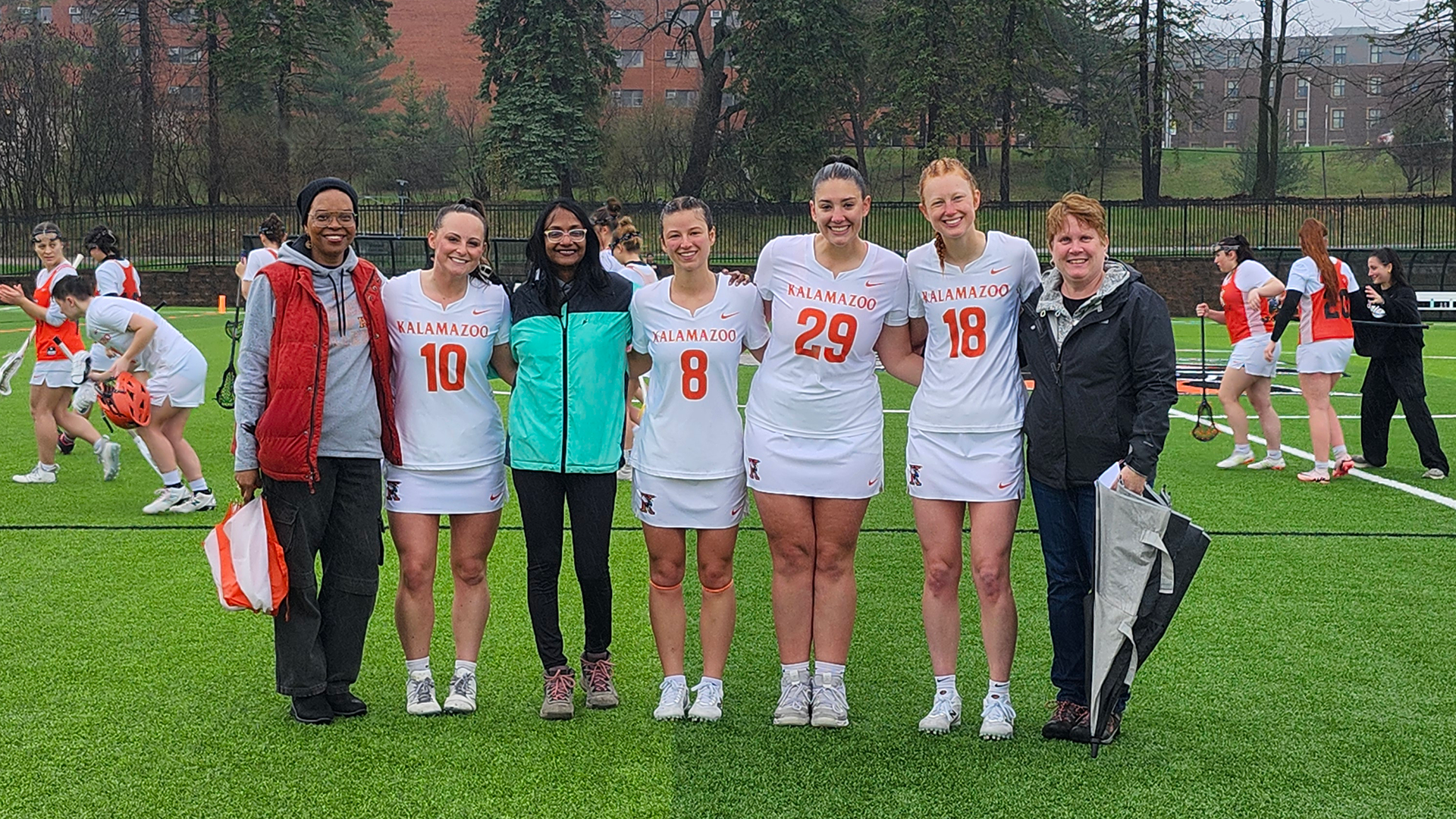 The Kalamazoo College Women's Lacrosse 2025-26 seniors and their MVPs on MacKenzie Field