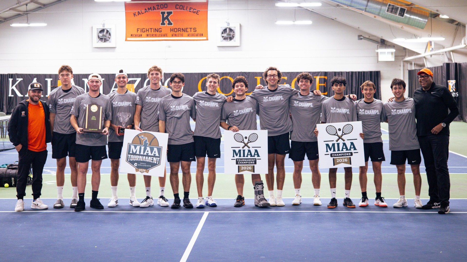 Kalamazoo College men's tennis team after winning the 2026 MIAA Men's Tennis Tournament