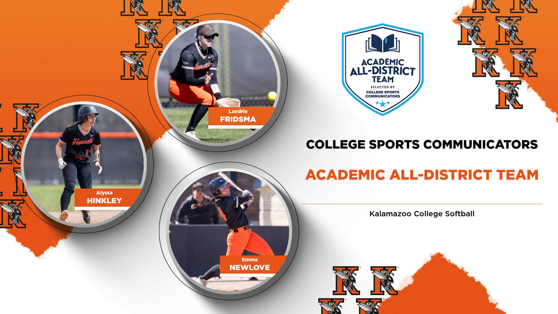 Kalamazoo College Softball Academic All-District 2026 honorees Landrie Fridsma, Alyssa Hinkley and Emma Newlove