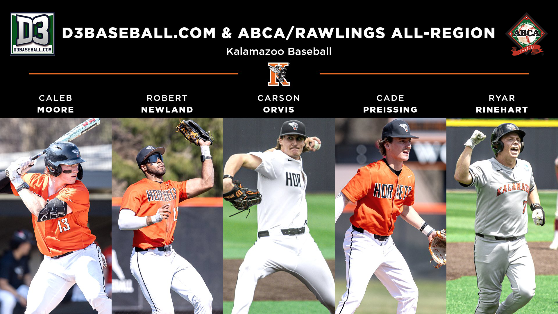 Kalamazoo College earned three D3baseball.com All-Region honors and four ABCA/Rawling All-Region selections, with five total Hornets being honored in 2026