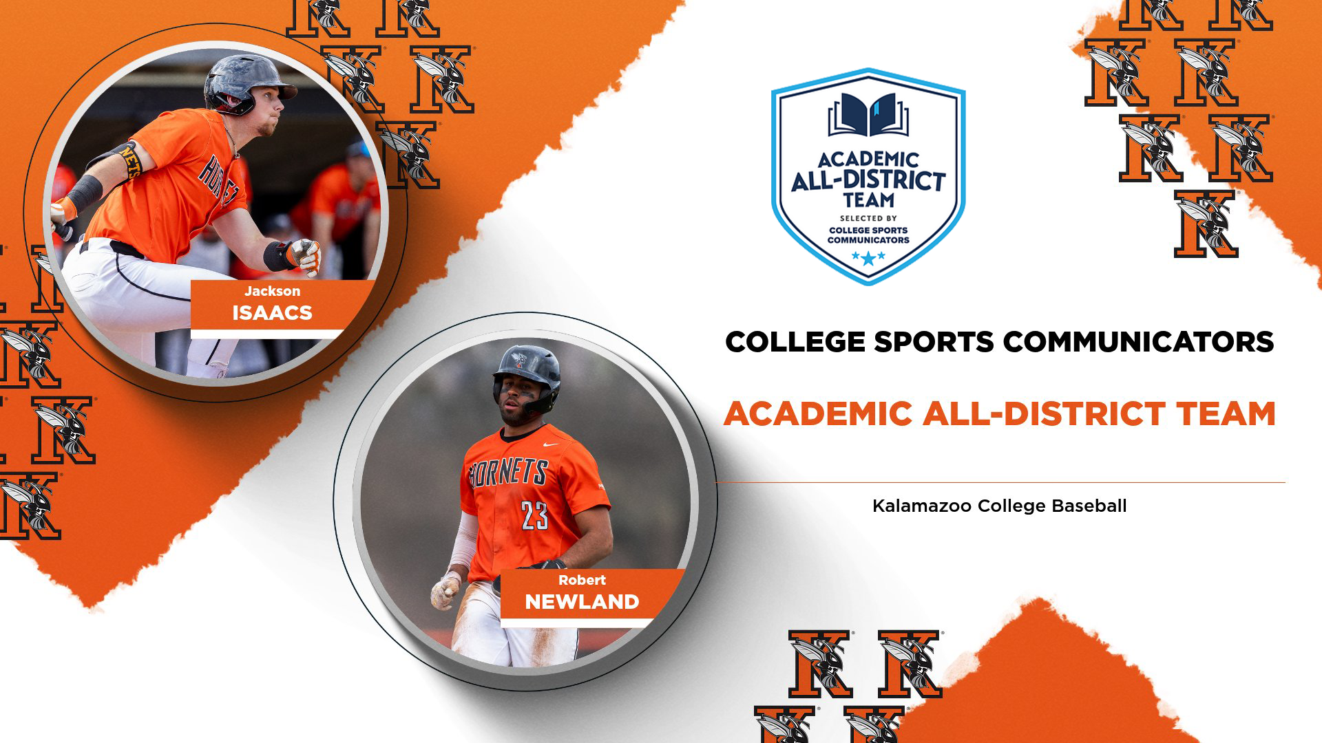 Jackson Isaacs and Robert Newland earned CSC Academic All-District honors for Kalamazoo College baseball in 2026