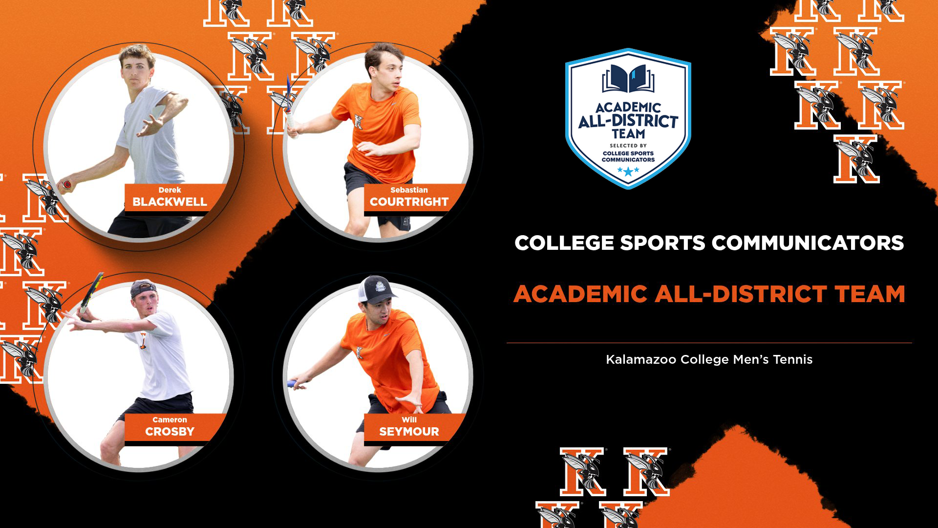 Derek Blackwell, Sebastian Courtright, Cameron Crosby and Will Seymour earned CSC Academic All-District Honors from Kalamazoo College men's tennis in 2026