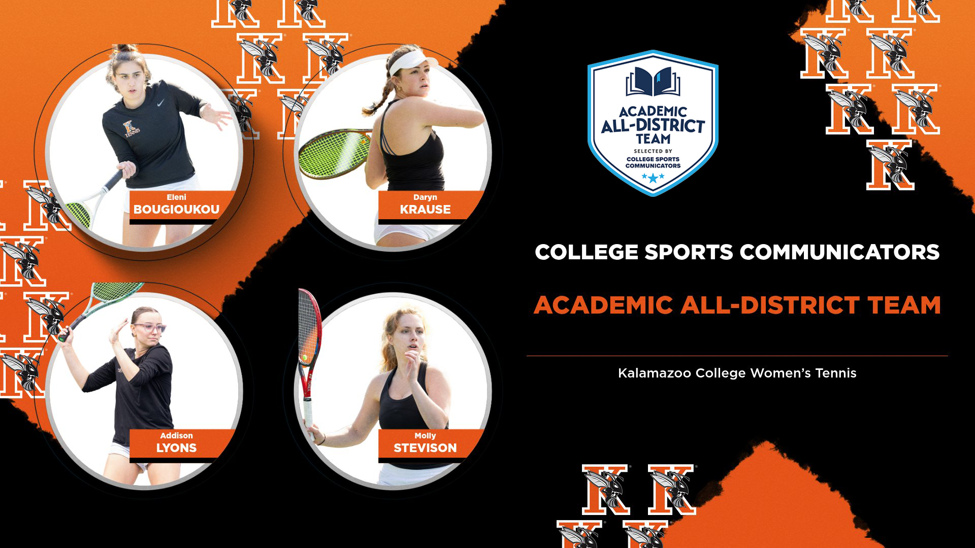 Eleni Bougioukou, Daryn Krause, Addison Lyons and Molly Stevison earned Academic All-District honors for Kalamazoo College women's tennis in 2026