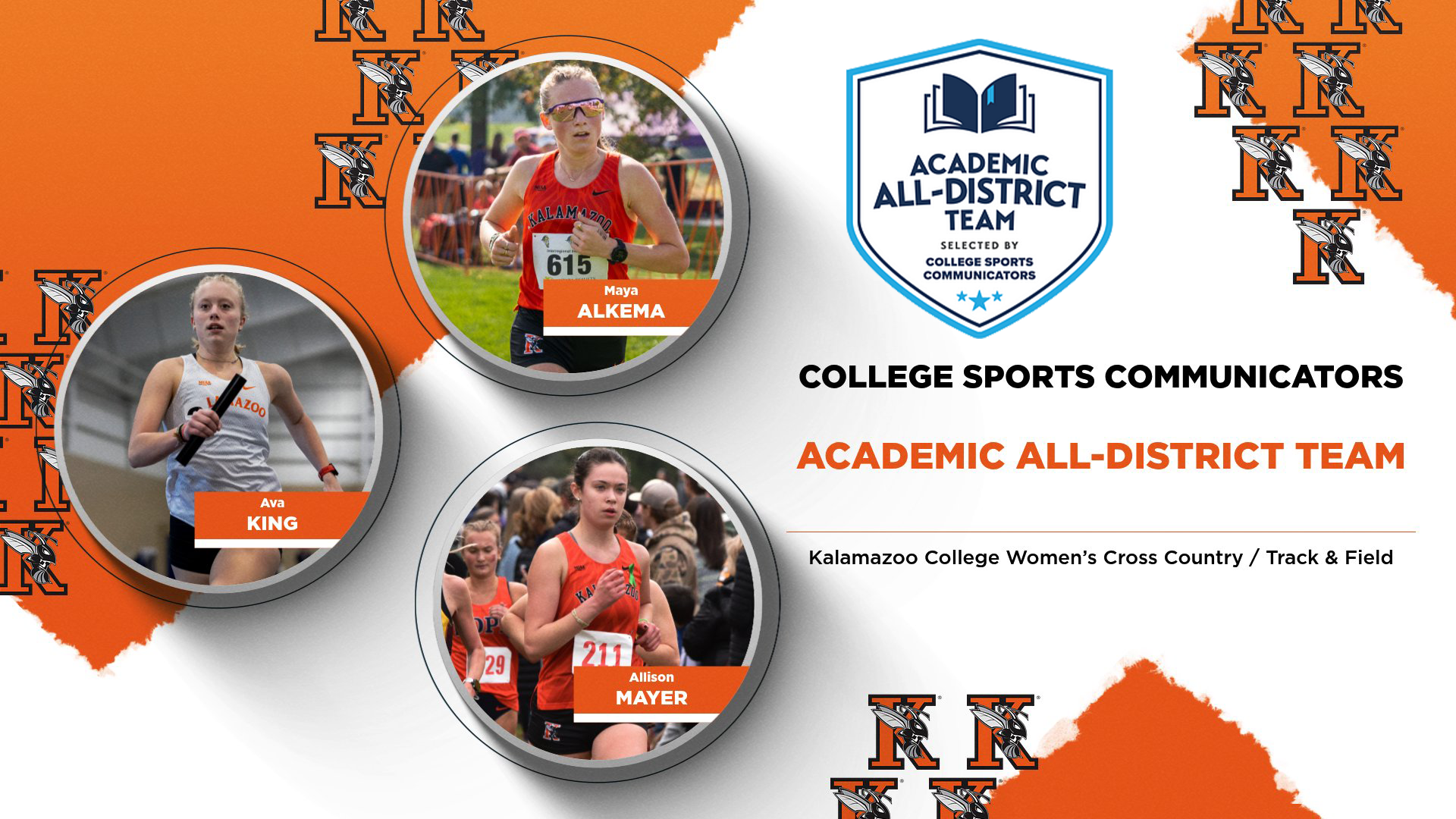 Kalamazoo College women's cross country / track and field earned three Academic All-District honors in 2026