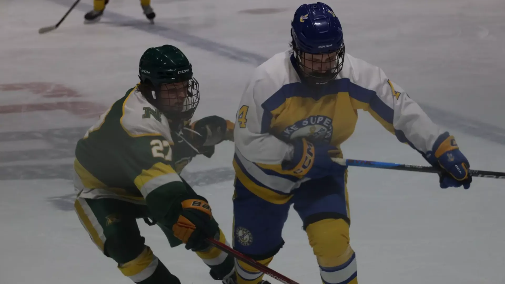 Seth Stock battles for the puck against Northern Michigan