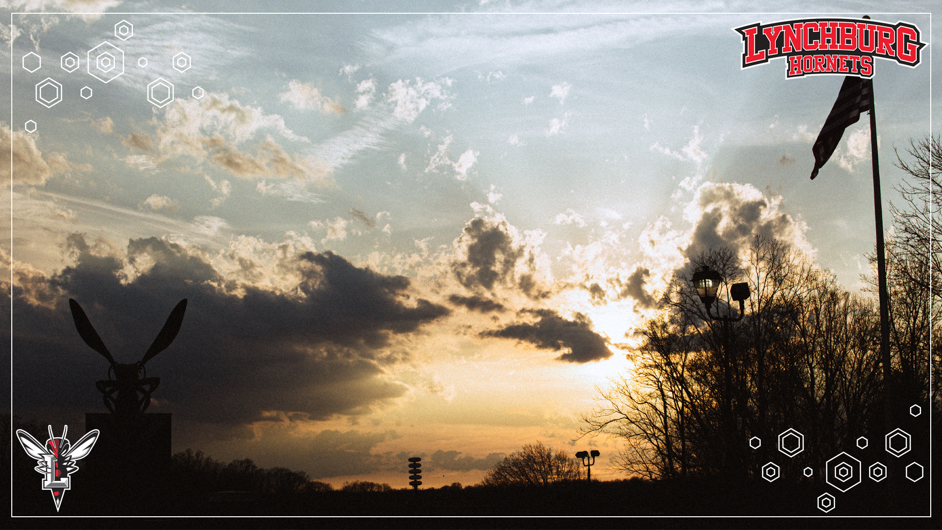 sunset picture with the Hornets statue in the bottom left and a silhouette of the American flag on the right