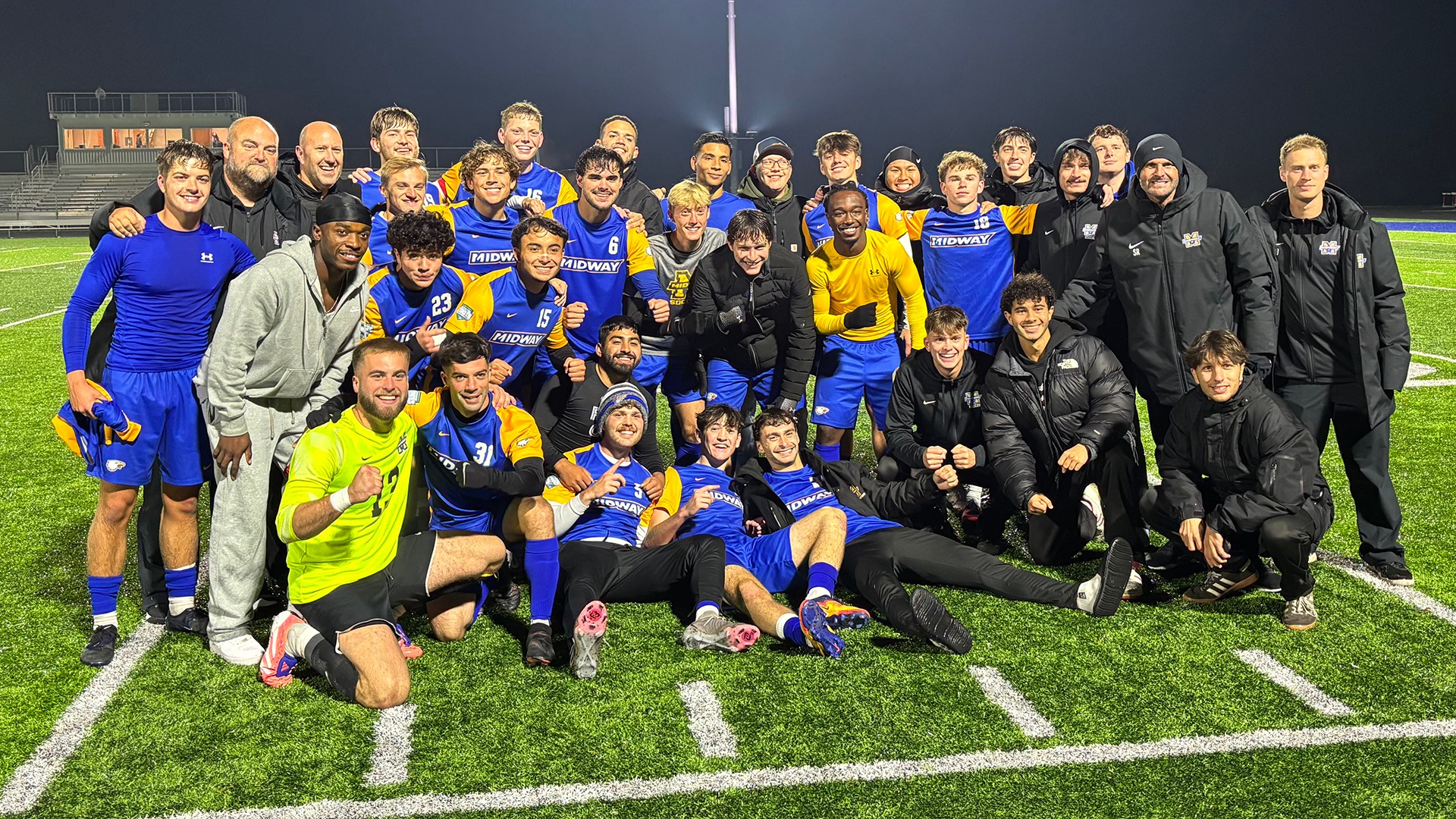 Midway men's soccer celebration photo vs. Shawnee State re website (2025-26)