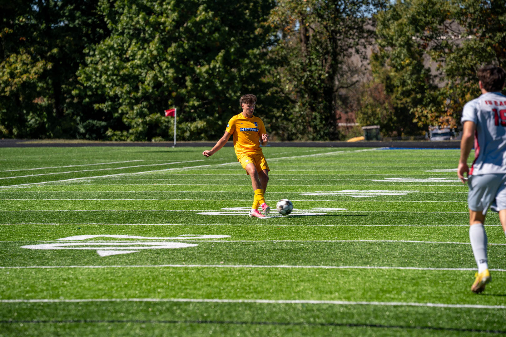 Midway University men's soccer players compete against Indiana University East in a River States Conference matchup at Midway Turf Field in Midway, Kentucky, on Thursday, October 8, 2026.
