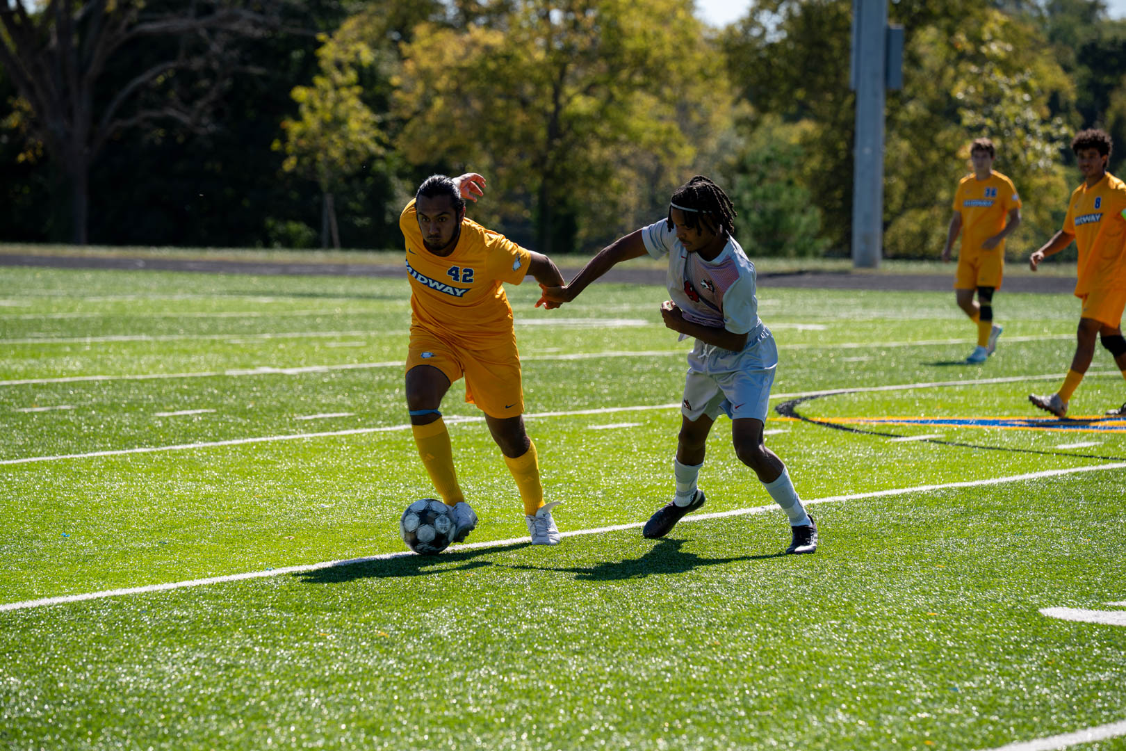 Midway University men's soccer players compete against Indiana University East in a River States Conference matchup at Midway Turf Field in Midway, Kentucky, on Thursday, October 8, 2026.