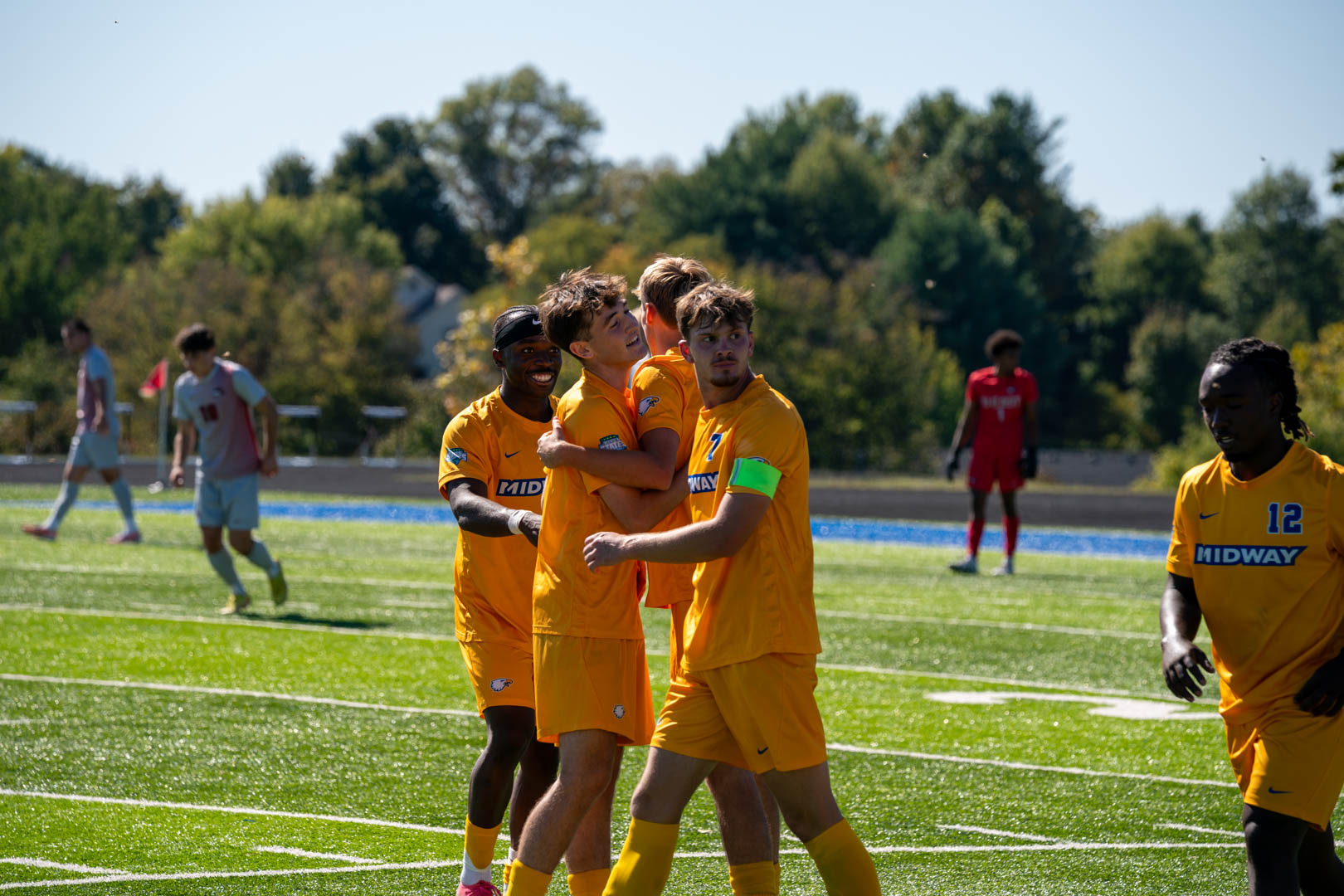 Midway University men's soccer players compete against Indiana University East in a River States Conference matchup at Midway Turf Field in Midway, Kentucky, on Thursday, October 8, 2026.