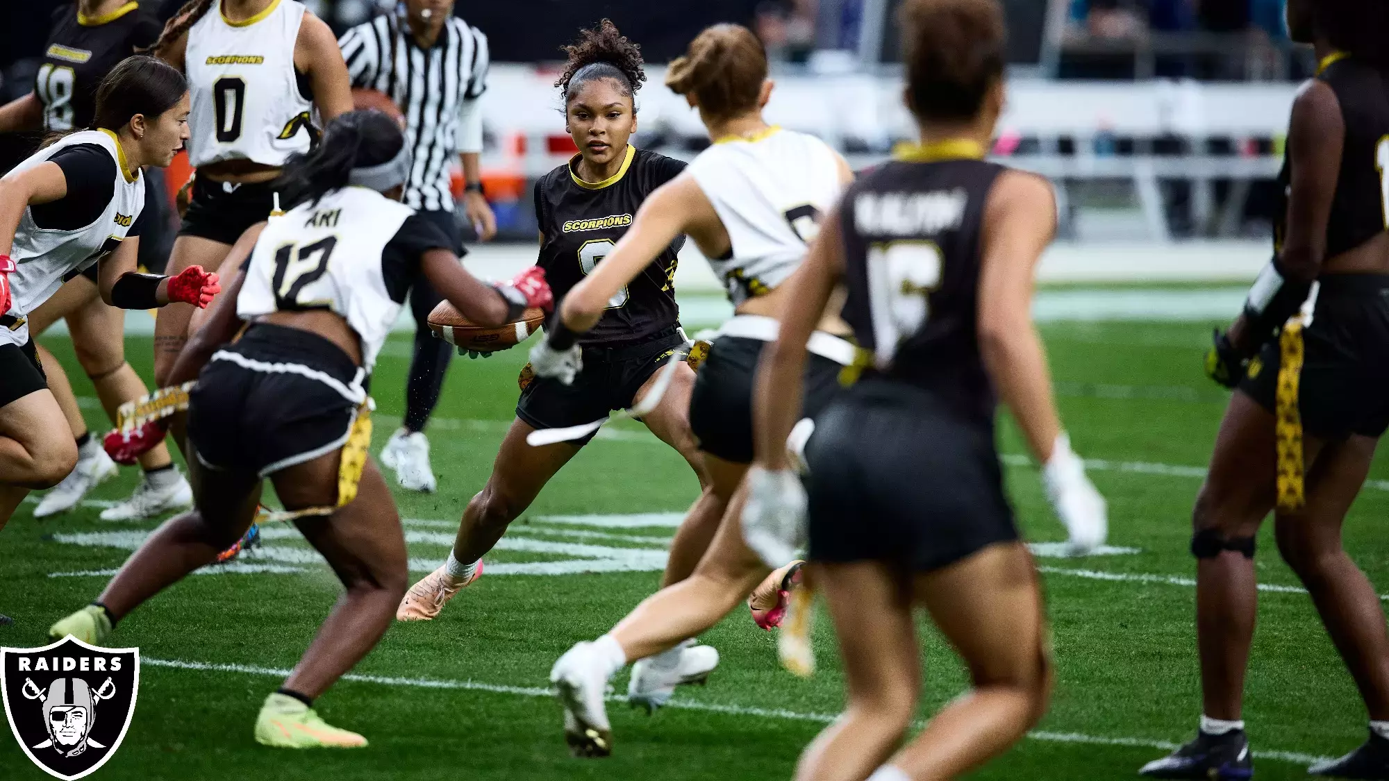 The Nevada State University flag football team participates in a Play 60 Showcase before the Las Vegas Raiders’ regular season home game against the Jacksonville Jaguars at Allegiant Stadium, Sunday, November 2, 2025, in Las Vegas, Nev. The Las Vegas Raiders lost 30-29. 