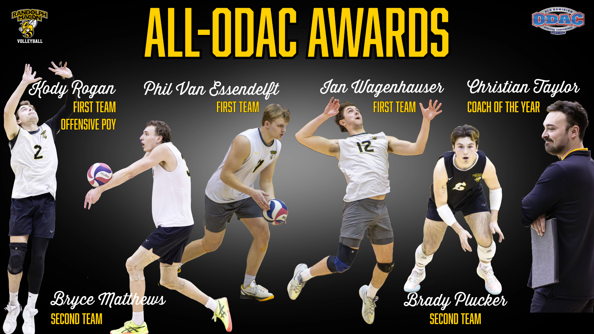 Men's Volleyball All-ODAC Awards. Kody Rogan Player of the Year, Christian Taylor Coach of the Year, Phillip Van Essendelft and Ian Wagenhauser first team, Bryce Matthews and Brady Plucker second team