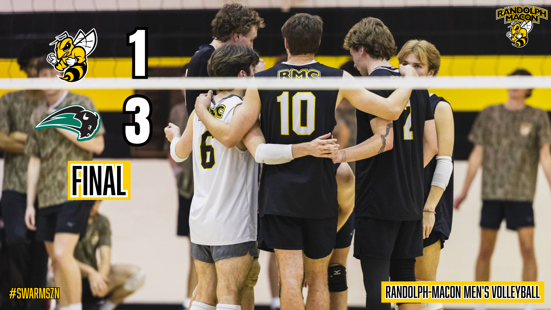 Men's Volleyball players huddling together. Final Score Randolph-Macon 1 Nichols 3