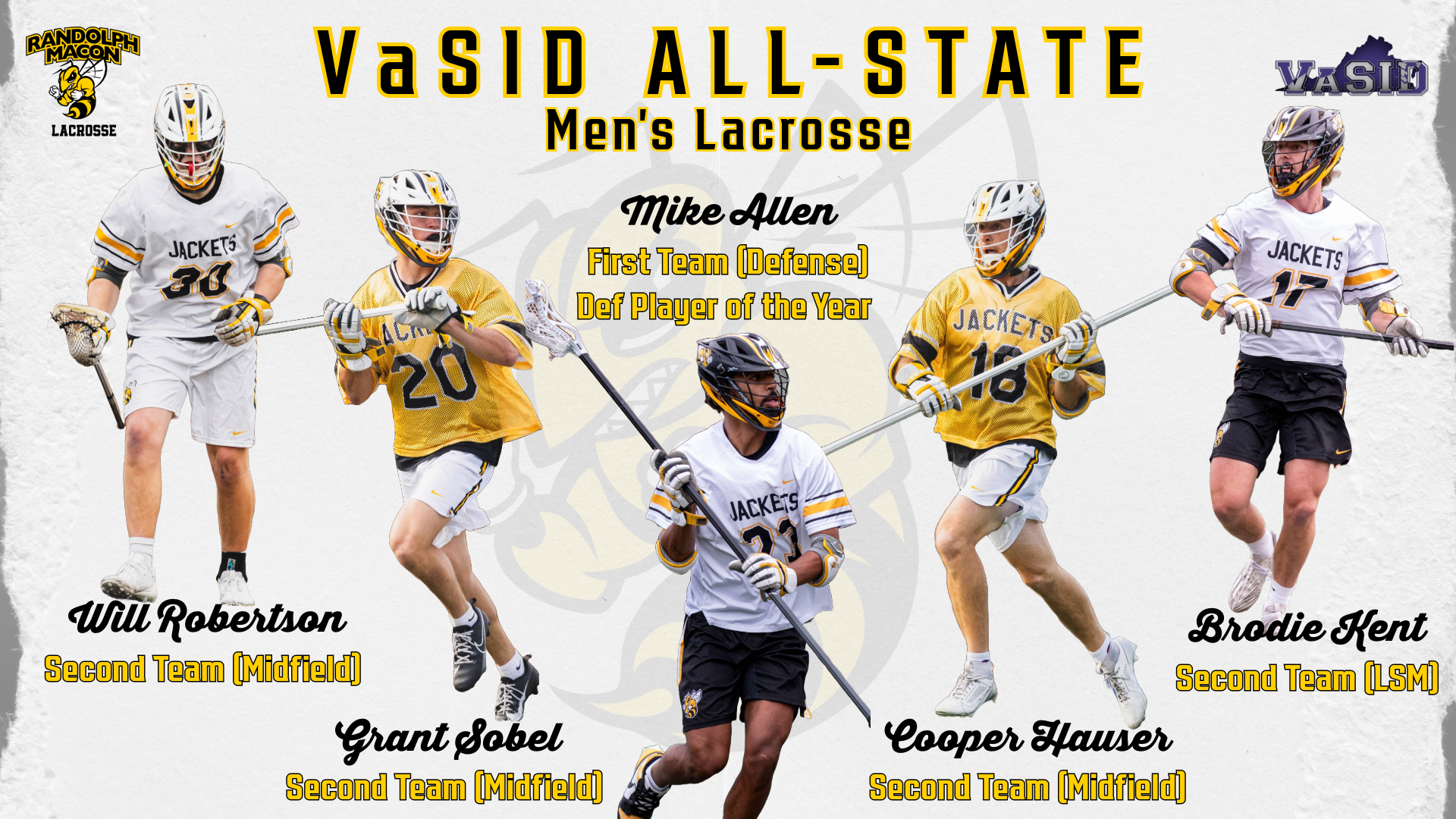 VaSID All-State Men's Lacrosse Graphic (2025).... Five Players in Action Shots Represented