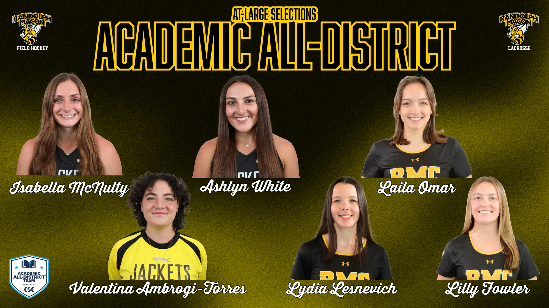 2025 CSC Academic All-District (At-Large) Graphic.... Three Players from Women's Lacrosse and Field Hockey on Graphic