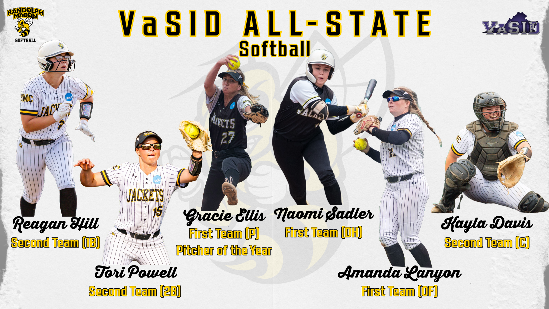 Softball VaSID All-State Awards for 2025 with Six Players on White Color Graphic with Buzz Logo