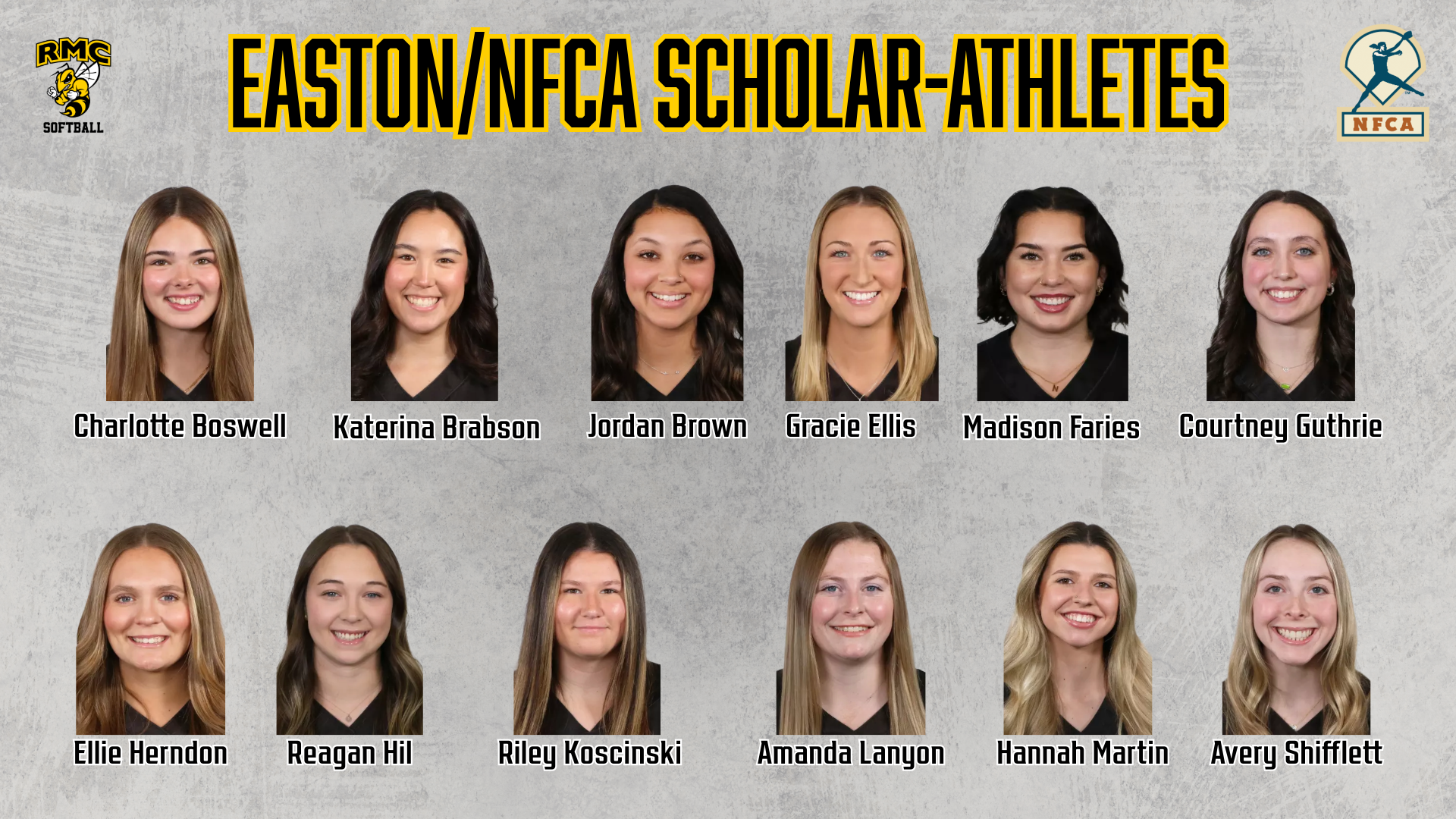 NFCA Softball Academic Scholar Award List with 12 different athletes used with headshots. 