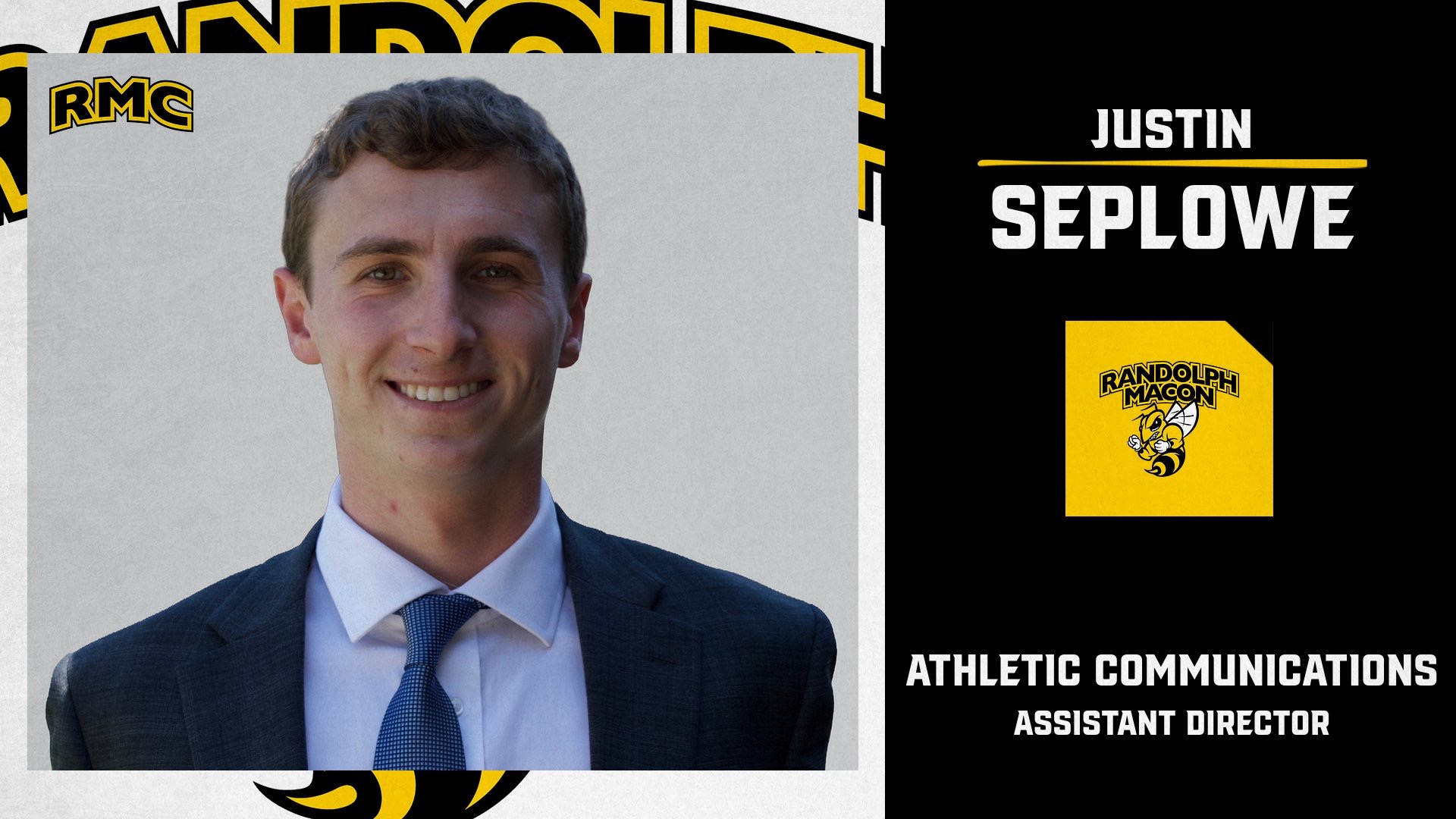 Justin Seplowe Headshot, on a graphic announcing his hiring.