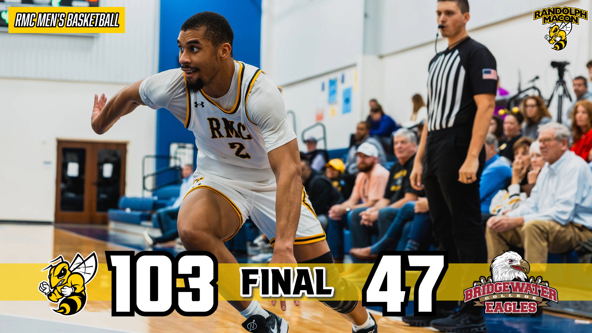 RMC Men's Hoops Defeats Bridgewater 103-47 over Bridgewater with Keishawn Pulley Jr on Graphic
