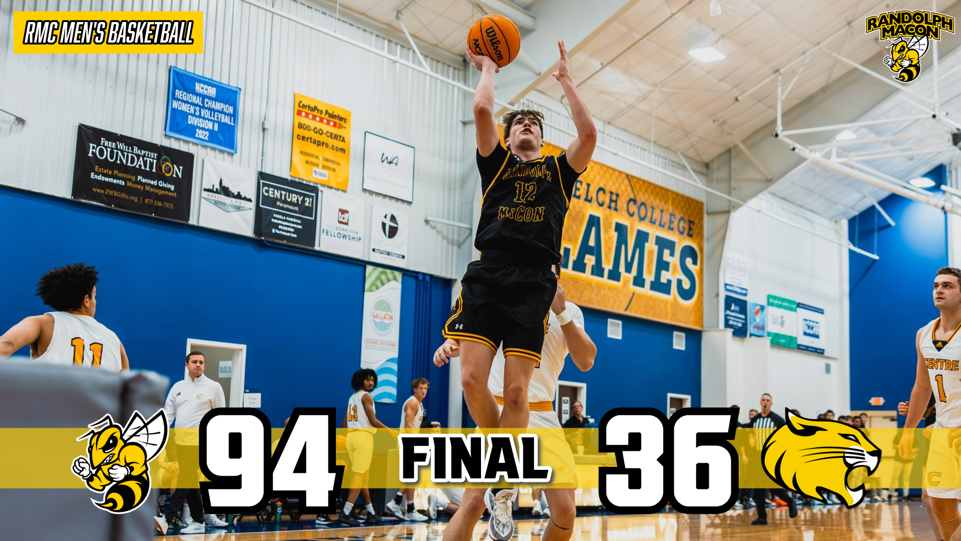 #5 Men's Hoops Defeats Randolph by a score of 94-36 with Theo Antinori on Graphic