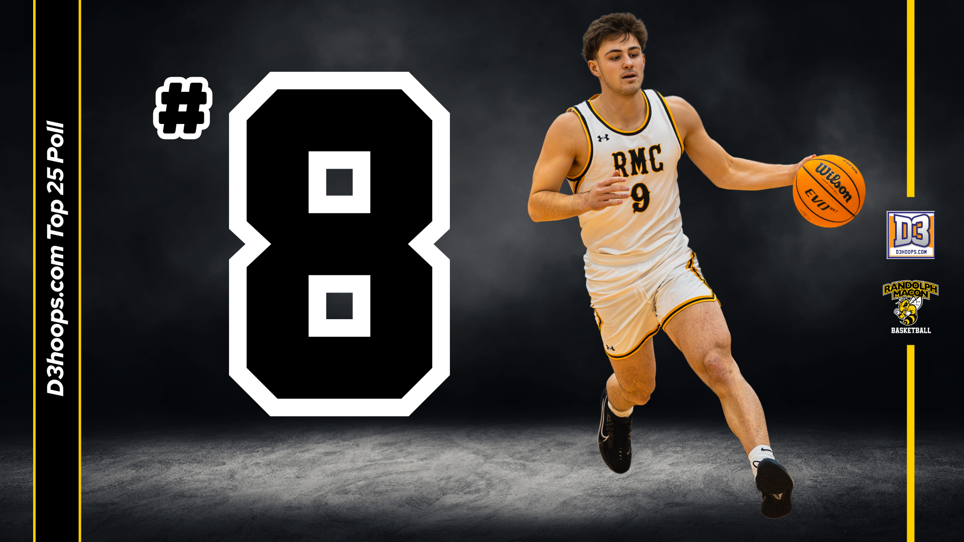 Men's Hoops Week 8 D3Hoops Poll with Daniel Keogh on graphic in all white with basketball