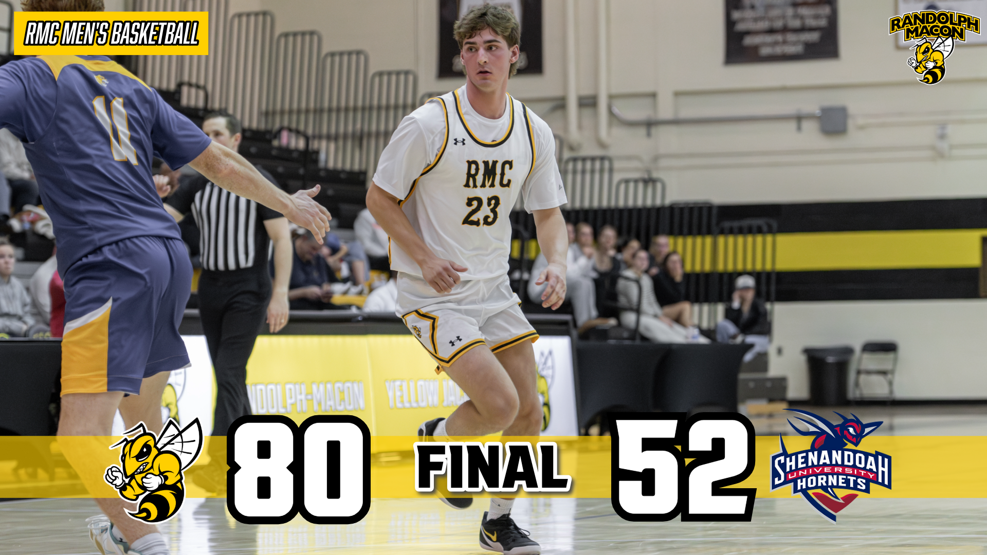 Men's Hoops Defeats Shenandoah 80-52 with James Carswell on Graphic
