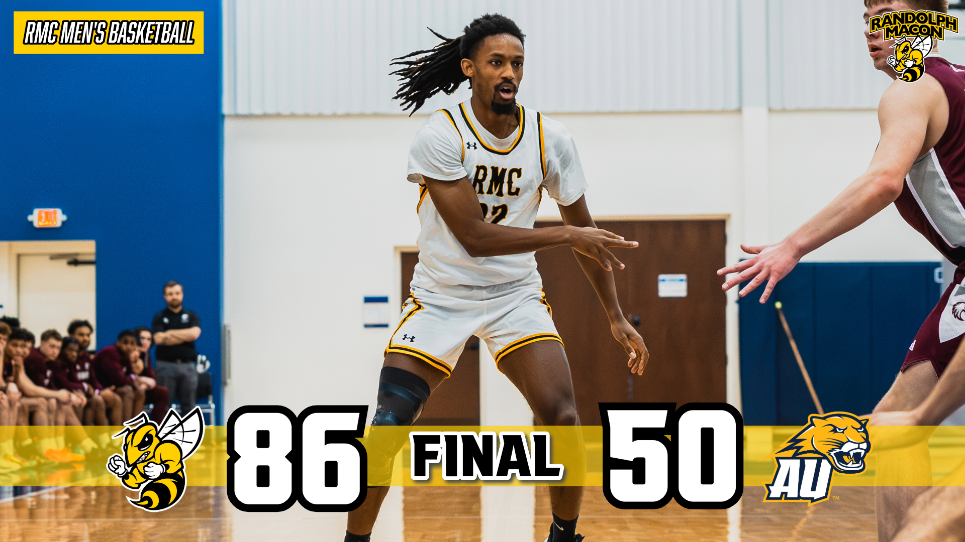 RMC Men's Hoops Defeats AU 86-50 with Bryce Scott on Graphic
