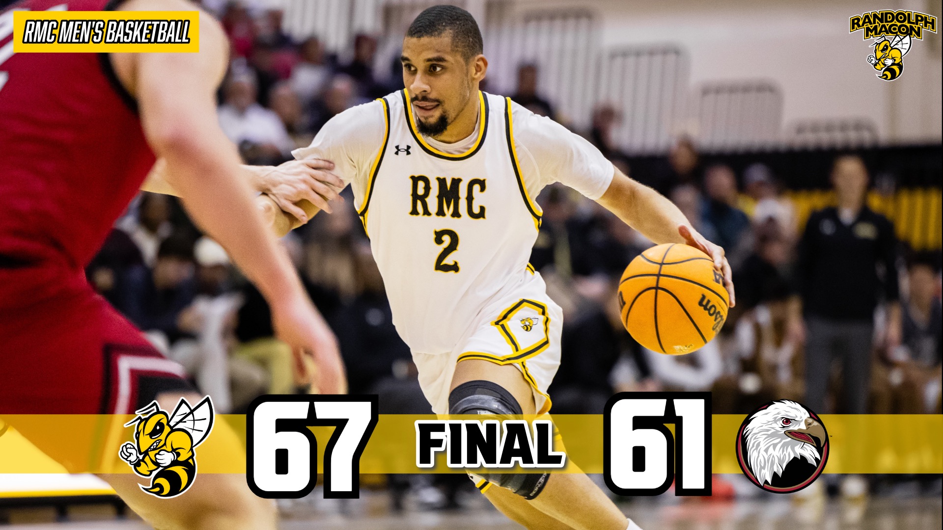 Men's Hoops Defeats Bridgewater 67-61 on the road with Keishawn Pulley Jr on graphic