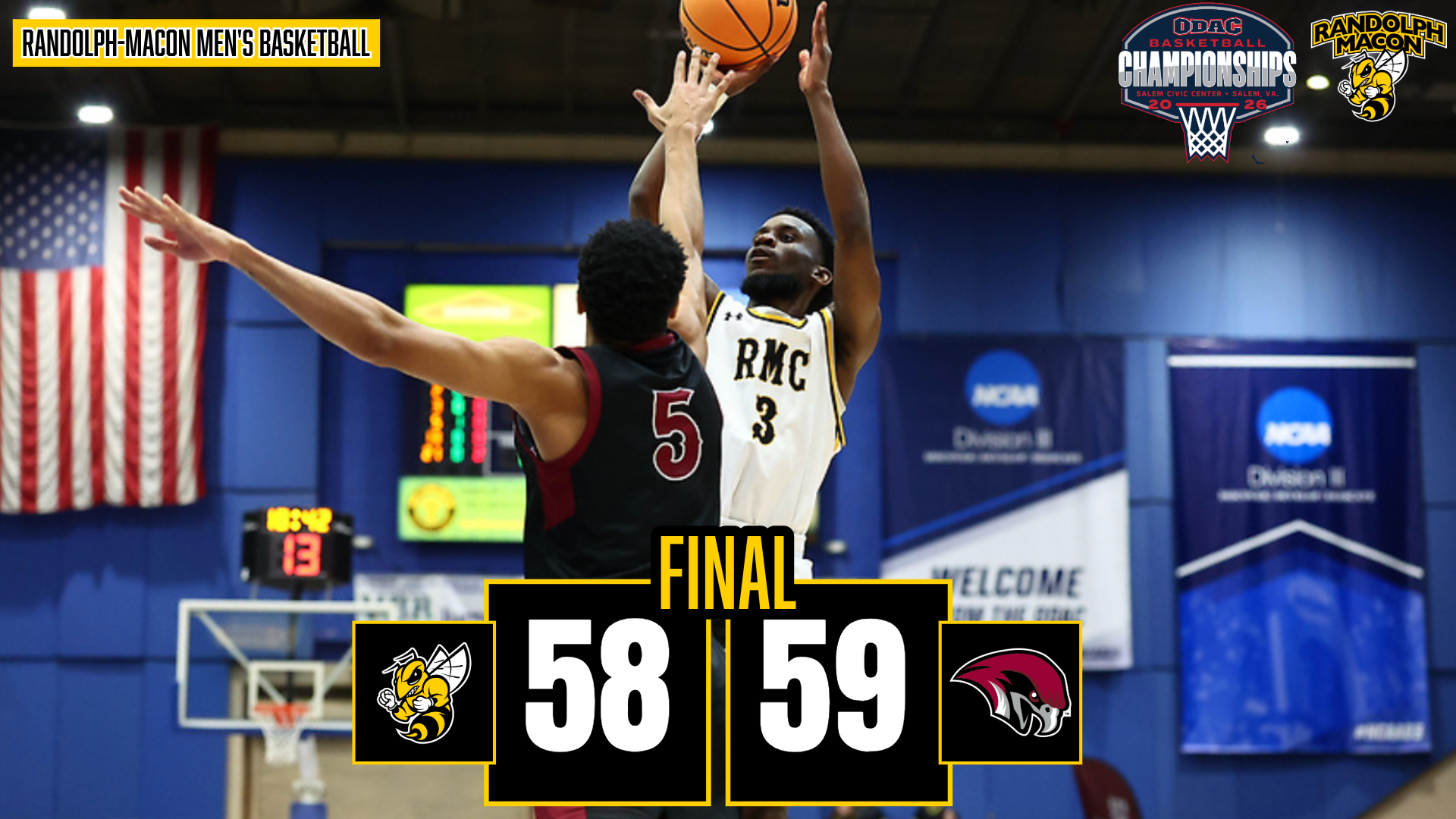 MBB Falls to Roanoke in ODAC Final (59-58) with Jabril Robinson in all white on graphic