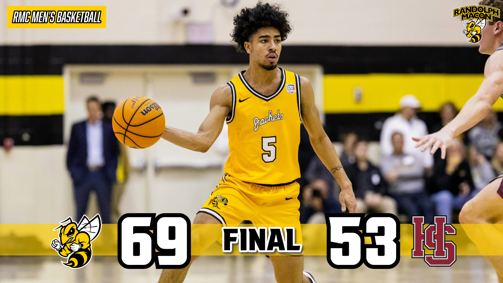 Delani Hammonds on Graphic in all yellow... men's hoops defeats HSC 69-53