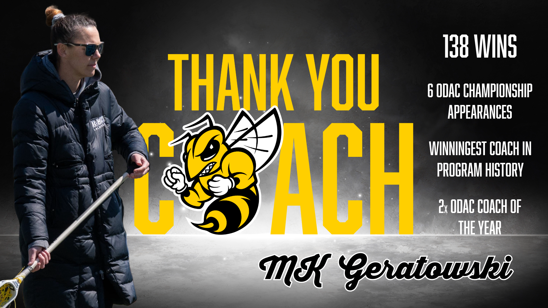 Thank you coach MK Geratowski 138 wins 6 odac championship appearances winningest coach in program history 2x odac coach of the year with sideline shot of MK