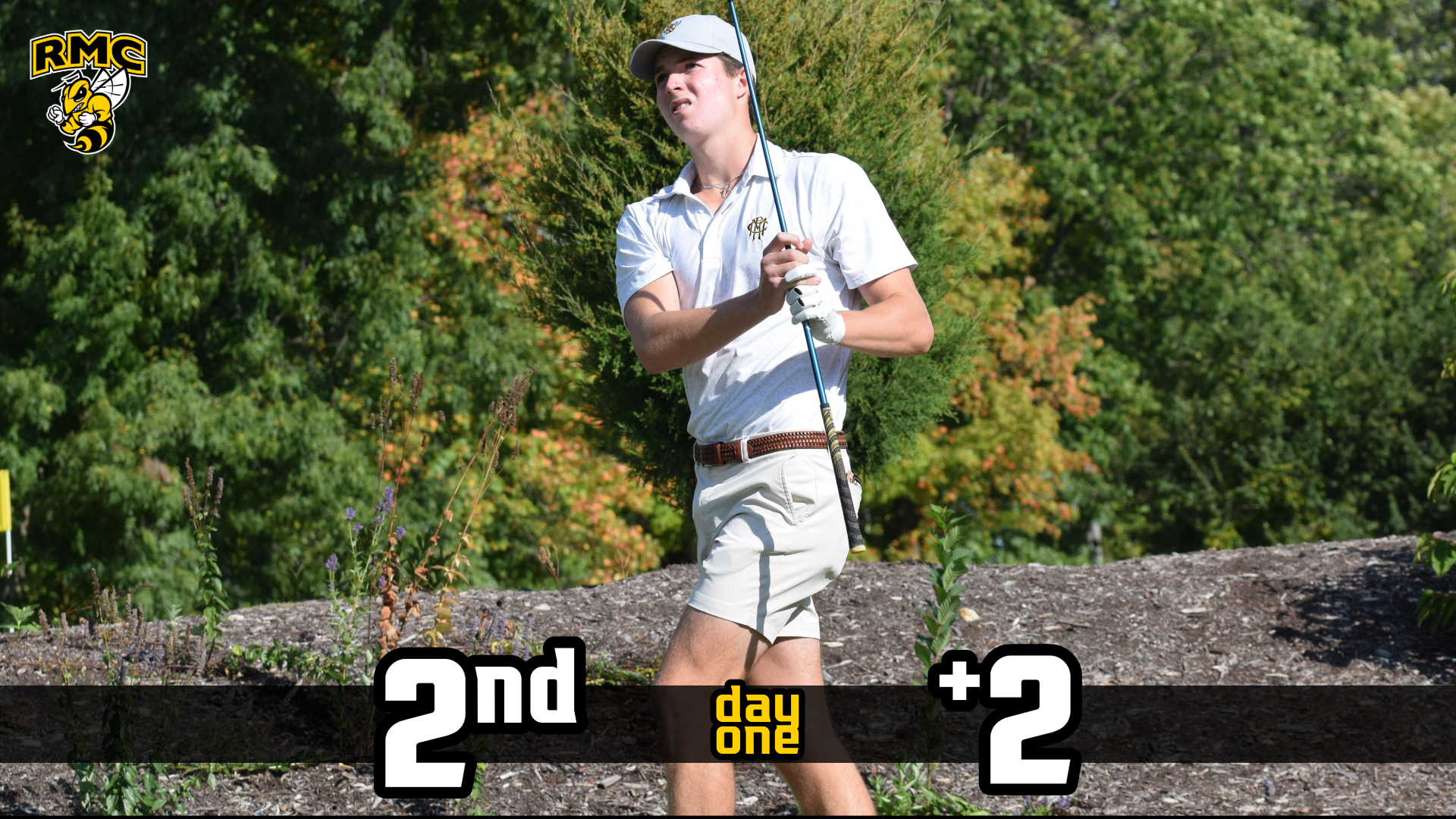 Charlie Wilkerson - Men's Golf Action Shot/Round One Score Graphic - RMC is in Second Place at Two Over Par