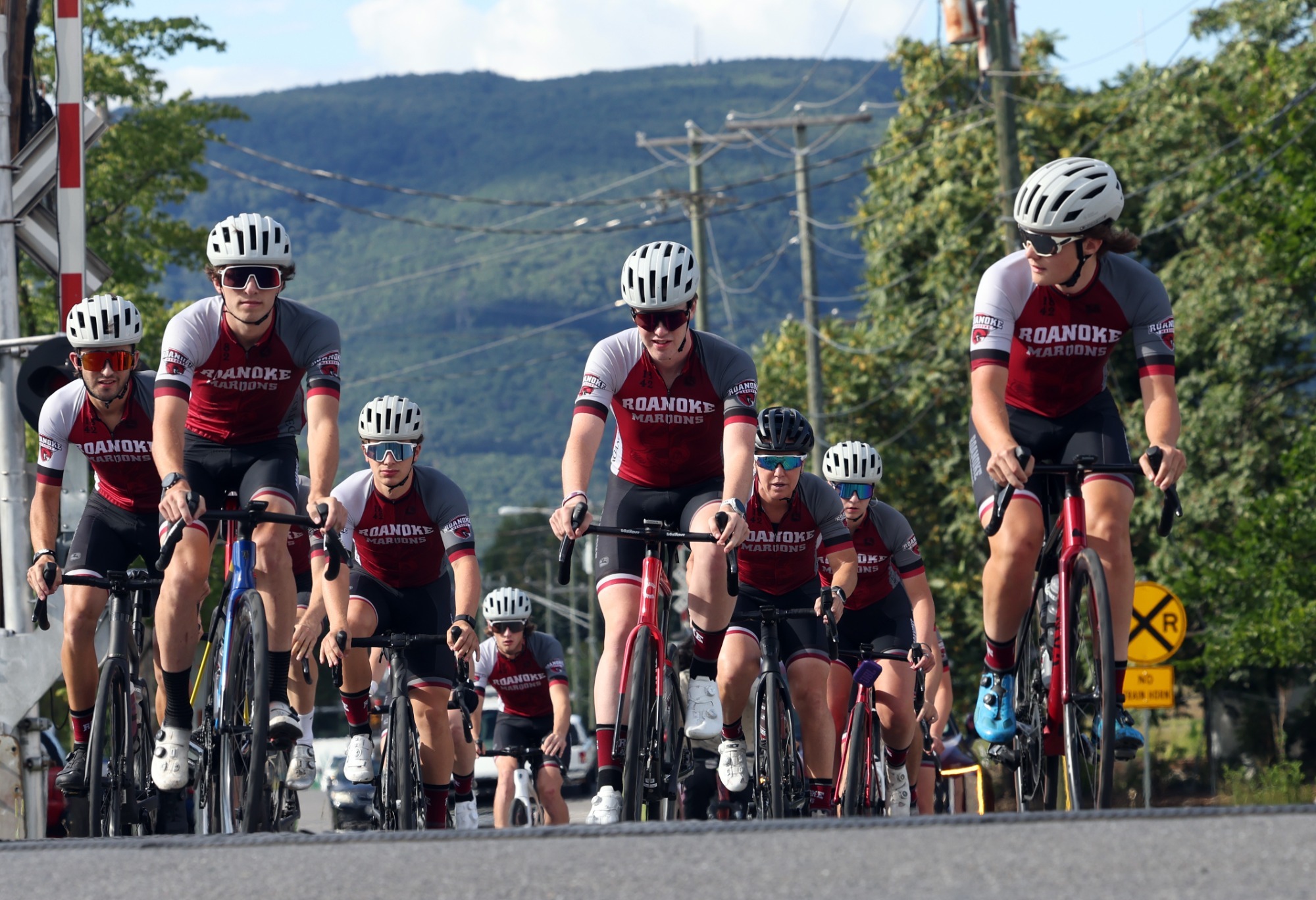 The Roanoke College cycling team makes their way through downtown Salem on August 26 during a training ride. 