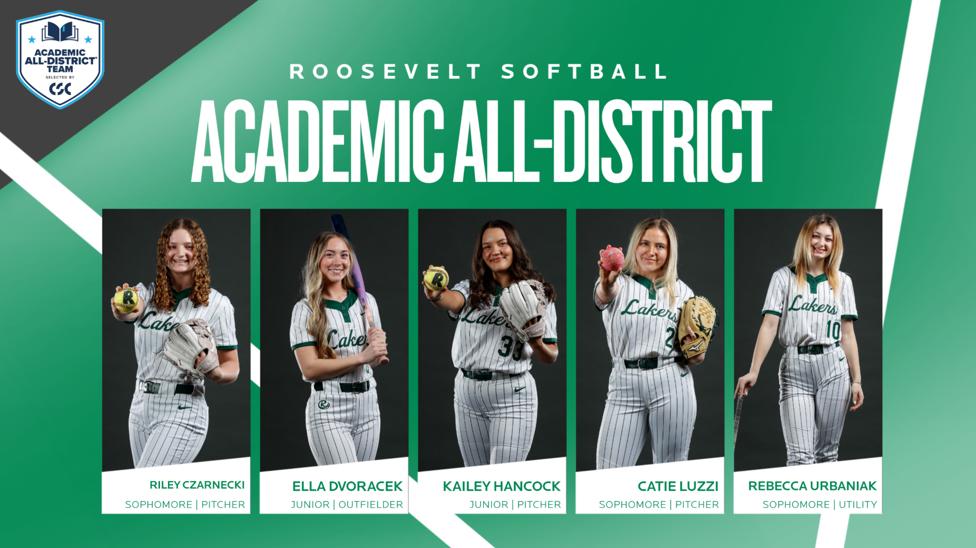 Pictures of Riley Czarnecki, Ella Dvoracek, Kailey Hancock, Catie Luzzi and Rebecca Urbaniak celebrating them as Academic All-District honorees