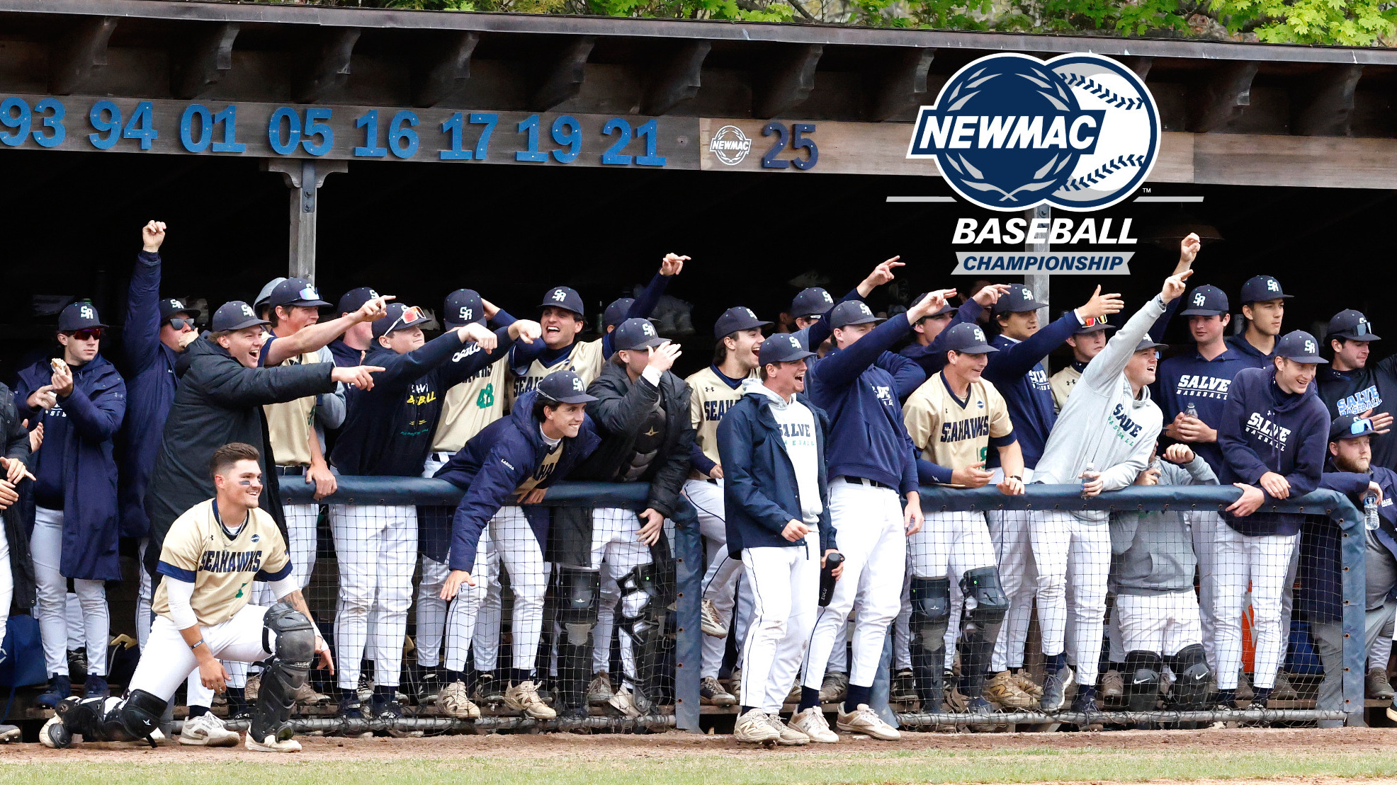 Salve Regina baseball celebrates a Seahawk double from the dugout