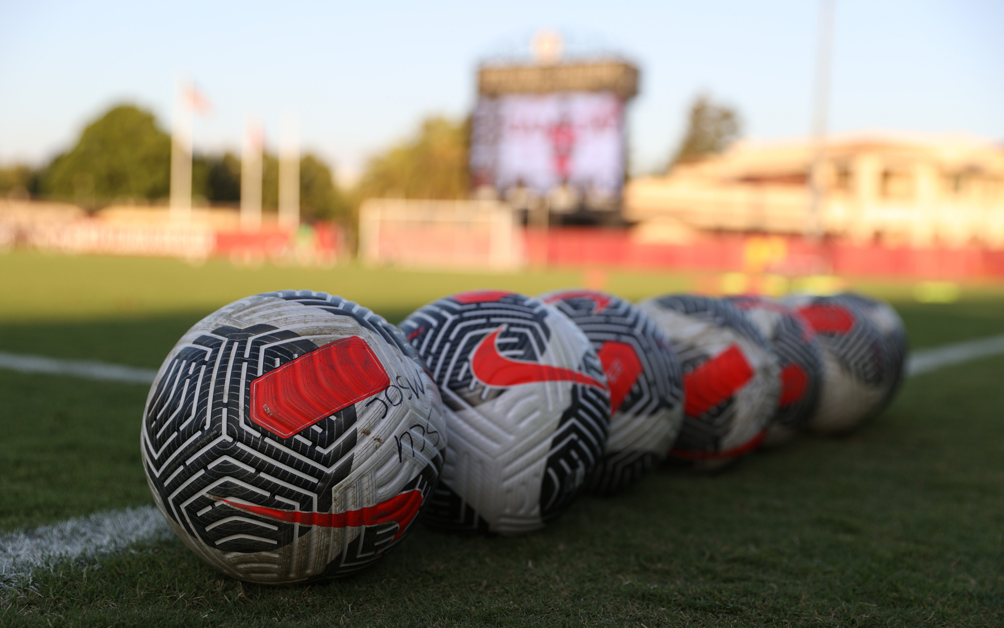 Soccer balls lined up during warmups