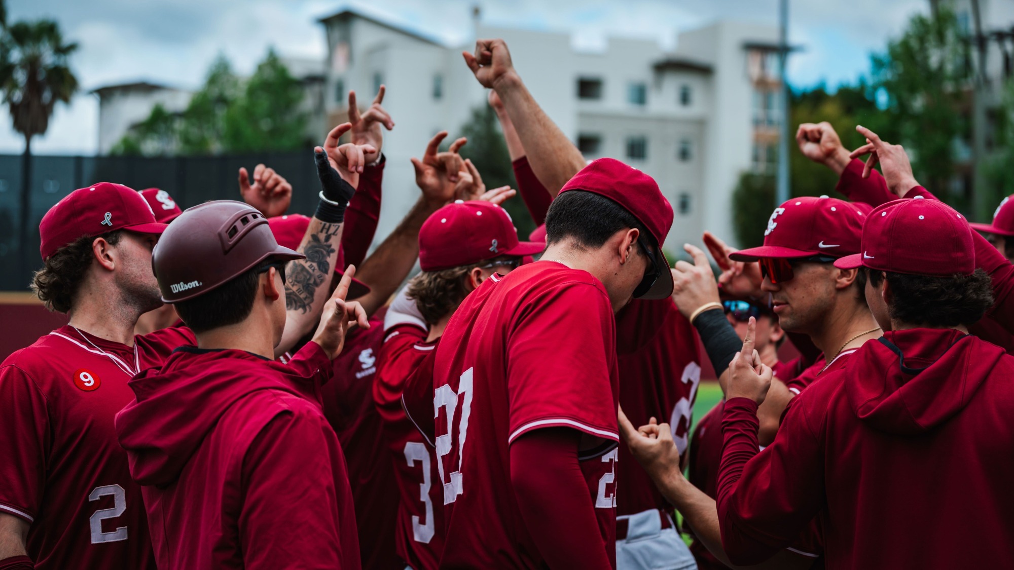 Baseball huddle vs Saint Mary's, 4-12-2026