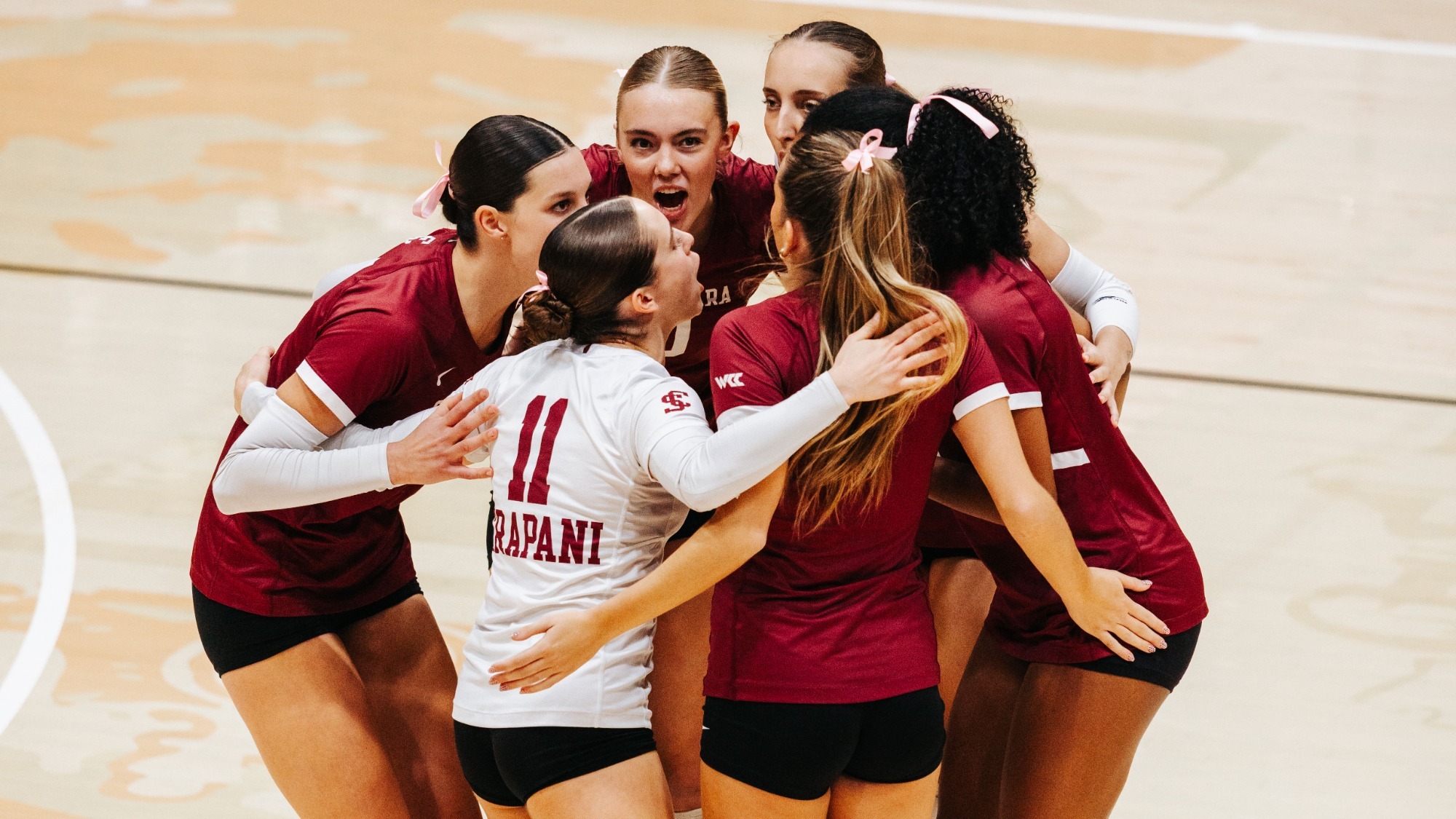 Volleyball huddle vs Gonzaga, 10-23-2025