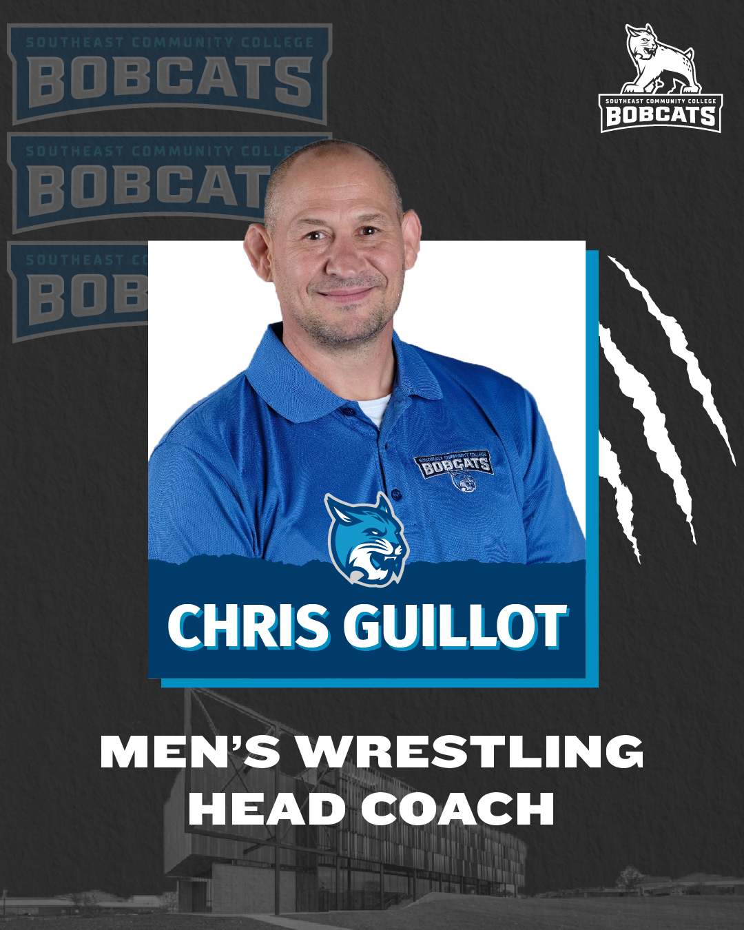 Chris Guillot is pictured in a graphic featuring a dark background with the Beatrice campus skyline along the bottom, and Chris Guillot's name under his picture. The Bobcats logo is visible in multiple locations in the image.