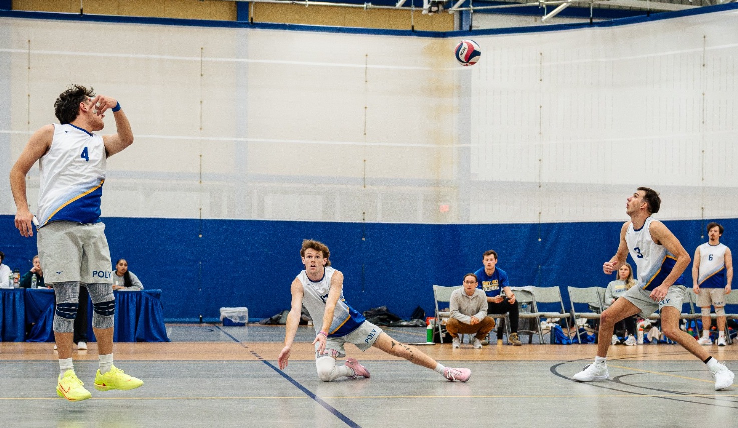 Men's volleyball players dive for ball in the middle of a back-and-forth rally