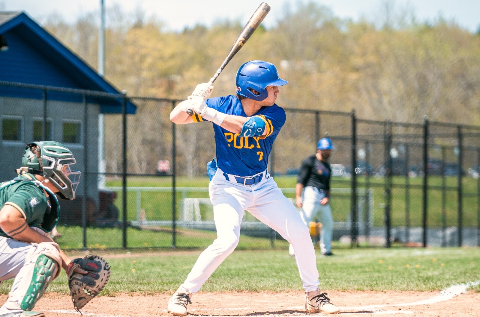 SUNY Poly baseball player loads up for the incoming pitch